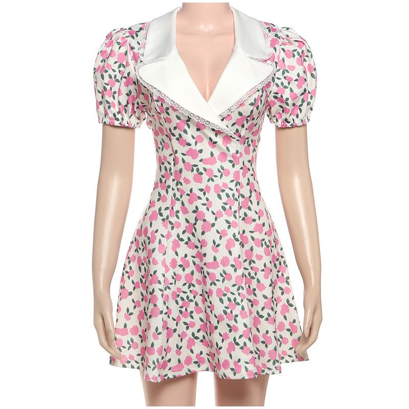 Damska sukienka z nadrukowanym kołnierzykiem i bufiastymi rękawami z nadrukowaną dekoracją na lato Nowa odzież Dopasowana Temperament Damska sukienka mini z podkreśleniem talii