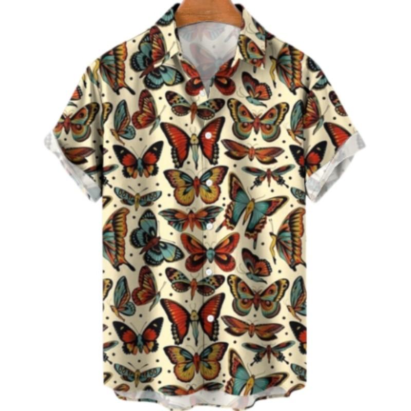 Fashion Shirts For Men Streetwear Floral Butterfly Print Shirt Summer Harajuku Womens Clothes Blouse Camisa Masculino S