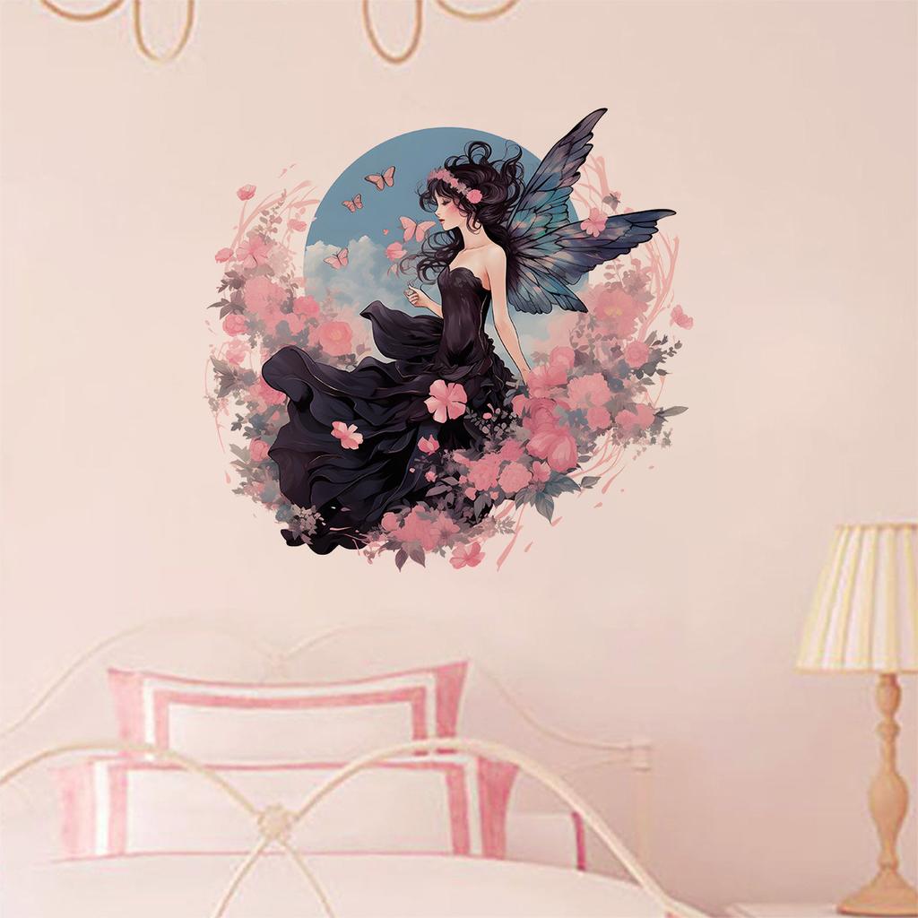 Cute Cartoon Fairy Girl with Flowers Butterflies Wall Sticker for Girls Room Dorm Decoration Friends Bedroom Decor