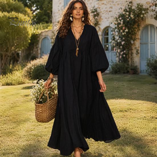 Mid-length Dress Women's Deep V Neck Maxi Dress, Puff 3/4 Sleeve Party Casual A-Line Flowy Loose Boho Beach Sundress Soft Fabric