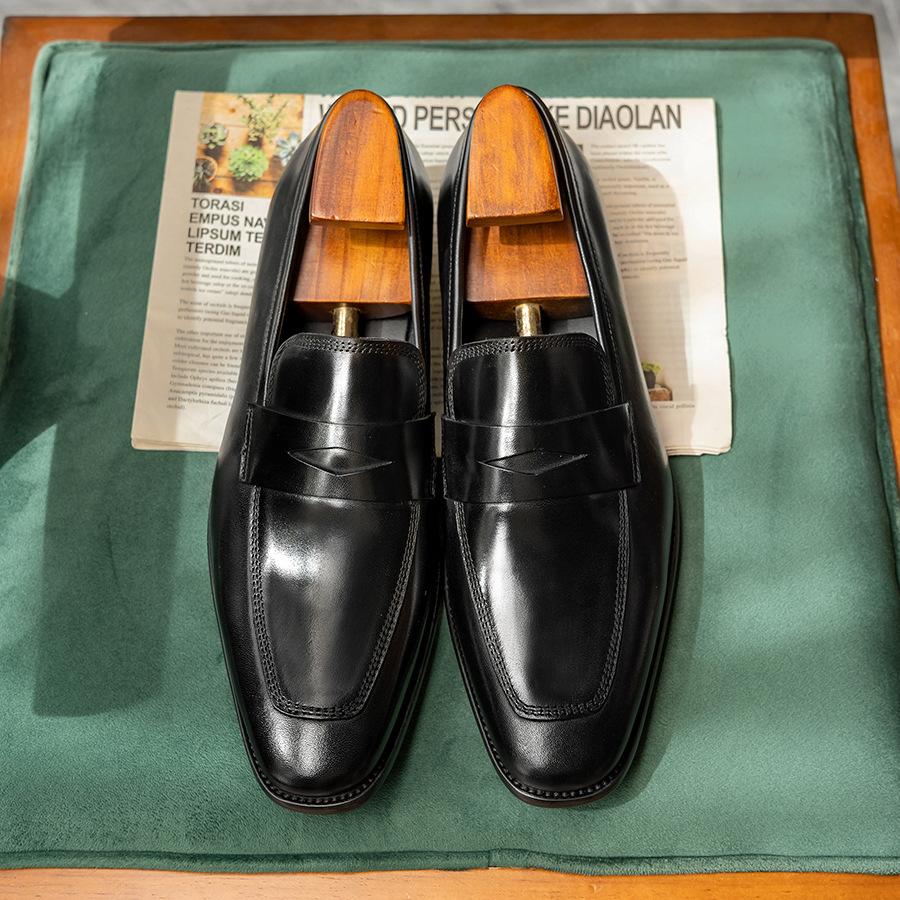 Penny Loafers Square Head Leather Shoes Men's Business Casual Cowhide Men's Shoes One Pedal