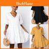 Vestido Chemise Feminino Elegante com Decote V Liso, Caimento Solto e Mangas Curtas
