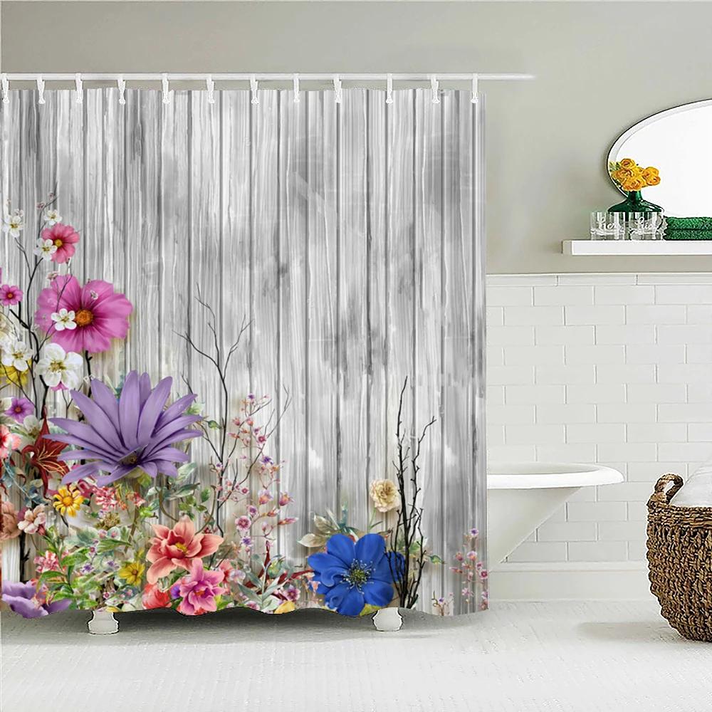 Romantic Retro Blooming Flowers Shower Curtain Garden Bath Curtains Waterproof Polyester Bathroom Shower Curtains Set with Hooks