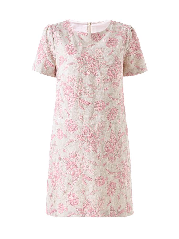 Nanyou Elegant Embroidered Jacquard Linen A-line Dress with Waist-cinching Short Sleeves for Spring/Summer Style