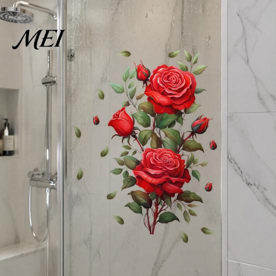 Easy Application Flower Wall Decor Red Rose Sticker, Watercolor Floral Peel and Stick Decal for Creative Soft Decoration Gifts Living Room Bedroom,