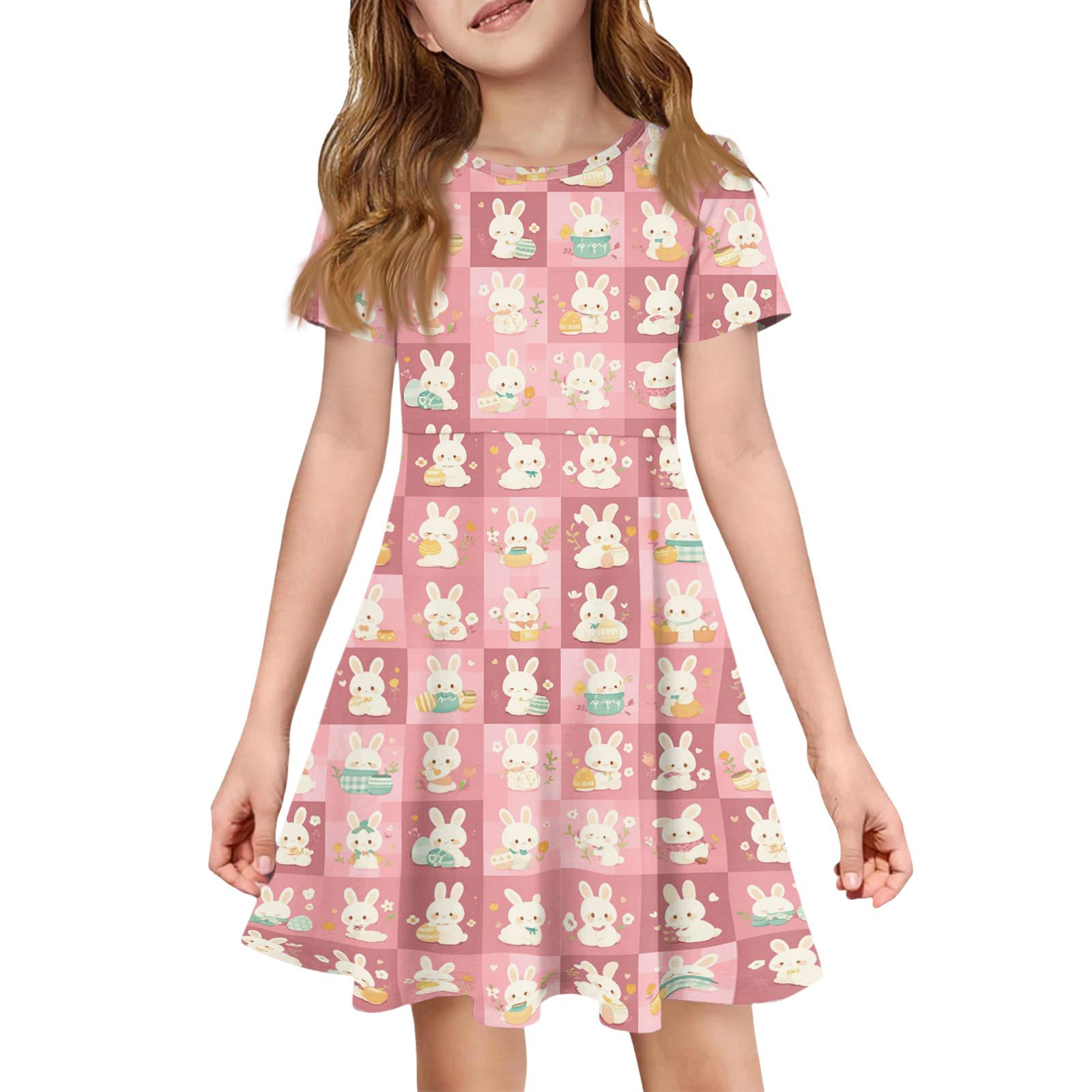

Girl Summer Dress Color & Print Short Sleeve Dress With Pocket Casual Dress Shorts Sleeve Party Dress Easter Day 110 рожевий