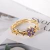 Luxury Purple Four Leaf Crystal Flower Adjustable Rings for Women Exquisite Gold Color Stainless Steel Finger Jewelry Colorfast