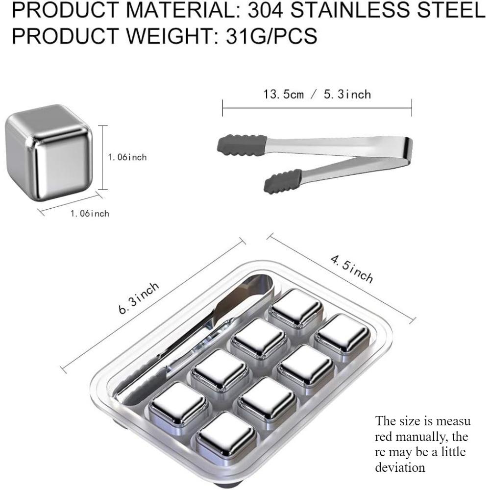 Barware Whiskey Ice Cubes Cold Stones 4/6/8 Pieces Stainless Steel Ice Stones Reusable with Ice Tongs and Freezer Storage Box
