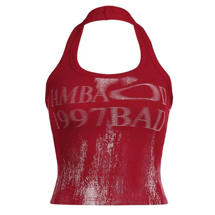 Damen Vintage-Stil Bedrucktes Halter-Top mit Schriftzug – Sexy Rotes Rückenfreies Sommer-Top