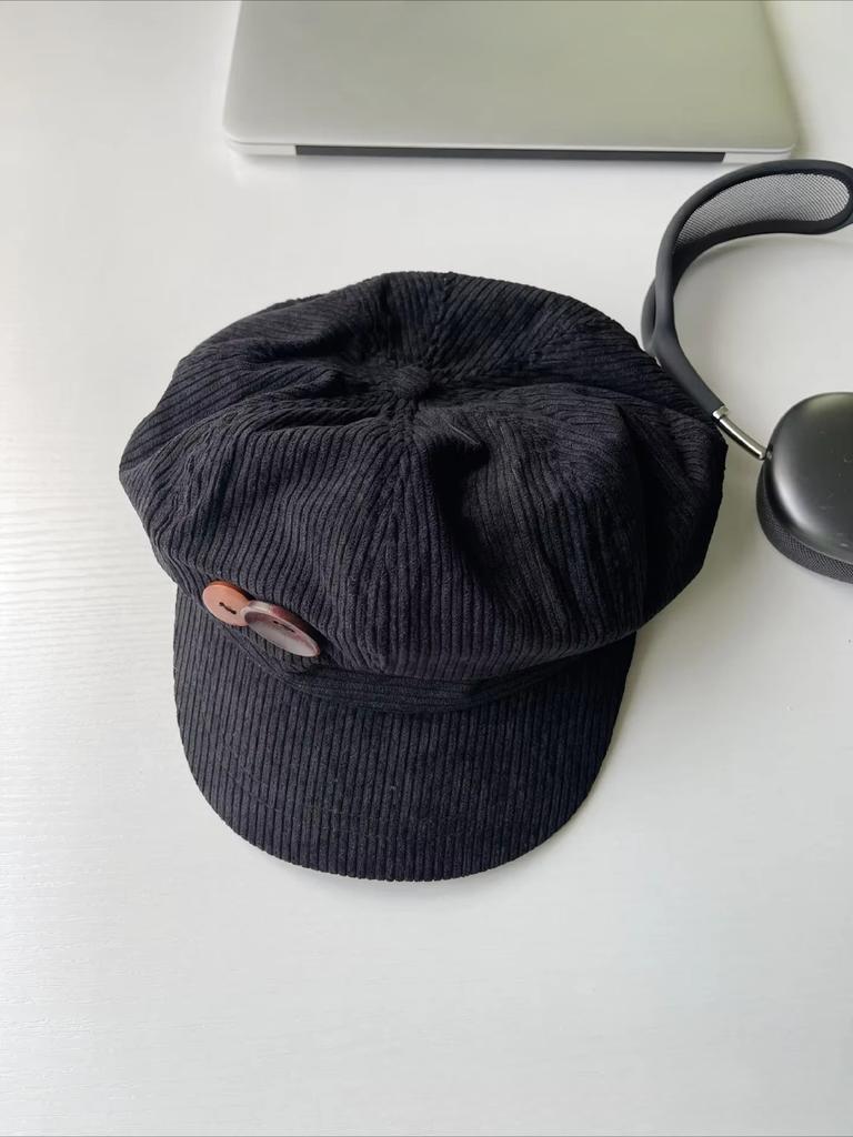Vintage Corduroy Beret Hat For Women Korean Button Octagonal Cap Autumn Winter Painter Artist Hats Japanese Brown Peaked Caps