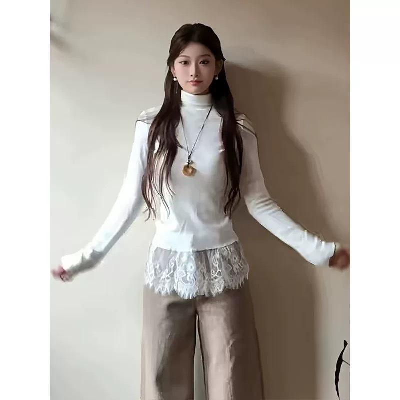 

German velvet sweet wind lace splicing long-sleeved T-shirt women s clothing autumn and winter new Korean niche bottoming shirt top s (recommended within 50kg ) белый