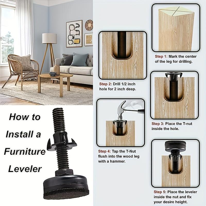 4pcs Adjustable Leveling Feet, Furniture Leveling Feet, Table Feet, Heavy Duty Leveling Feet for Cabinets, Sofas, T-Thread Nut Set, Large Base Black