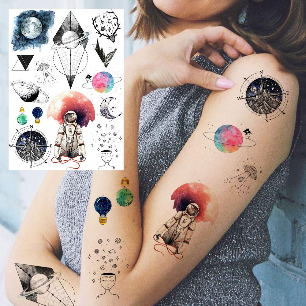 6 fogli di tatuaggi temporanei dello spazio per bambini, adulti, acquerello, astronauta, pianeti, galassia, adesivo per tatuaggi finti per ragazzi e ragazze