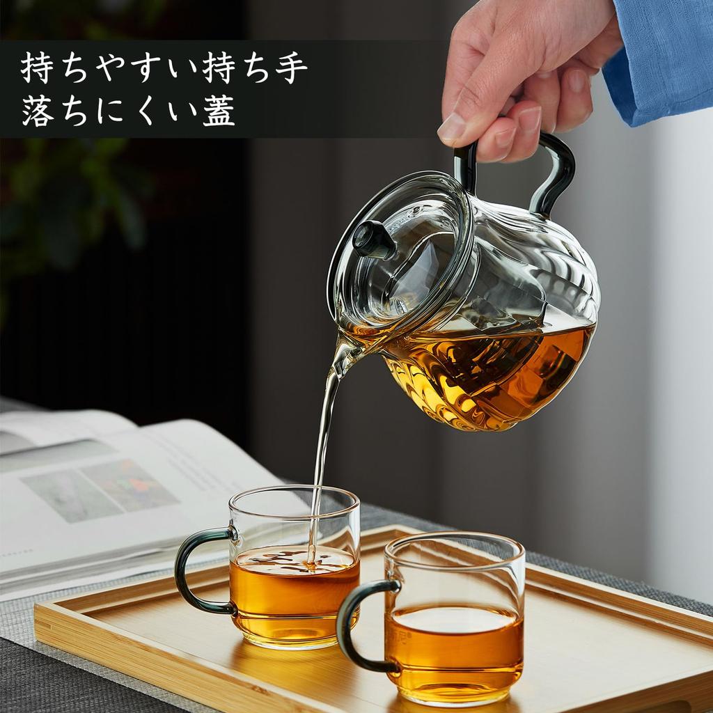 Pokaro Tea Teapot, Heat-Resistant Glass, 580ml, Stovetop-Safe, Vertical Stripes, Back-Handed Design, Stylish Glass Pot, Microwave-Safe, with Lid and
