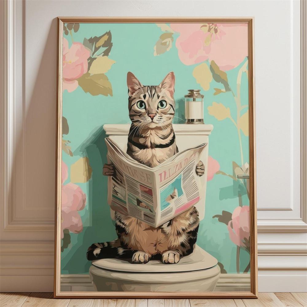 American Shorthair Cat Toilet Paper Bathroom Art Print American Shorthair Cat Toilet Reading Newspaper Bathroom Poster 21X30CMNo Framed
