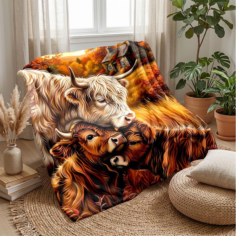 Highland Cows Art Theme Blanket Lightweight Warm Flannel Blanket Decorative Throw Blanket for Home Decoration