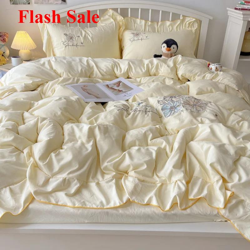 new lace embroidery small fresh and cute girl heart bed four-piece set washed cotton summer sheet quilt cover bed hat