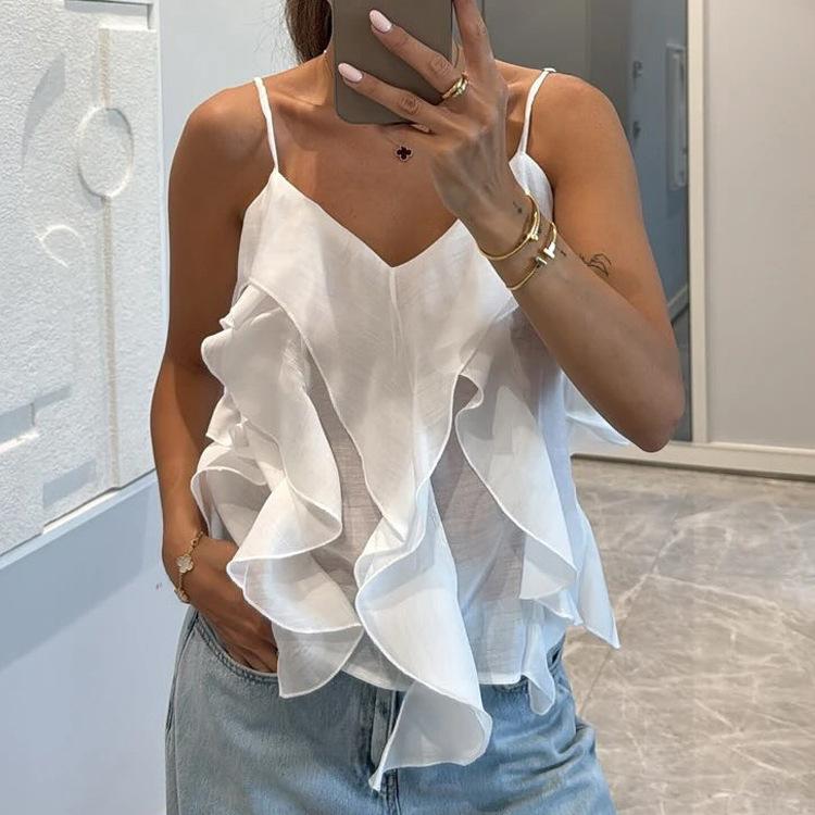 Summer women's clothing design ruffle edge sling vest new simple fashion casual versatile V-neck top