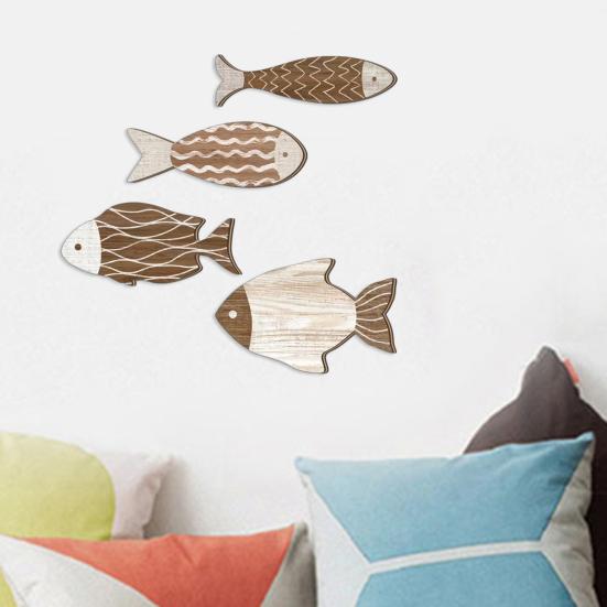 4Pcs/Set Vintage Wooden Fish Wall Decoration School of Fish Lake Beach House Bathroom Coastal Wall Art Nautical Ocean Theme Hanging Ornament