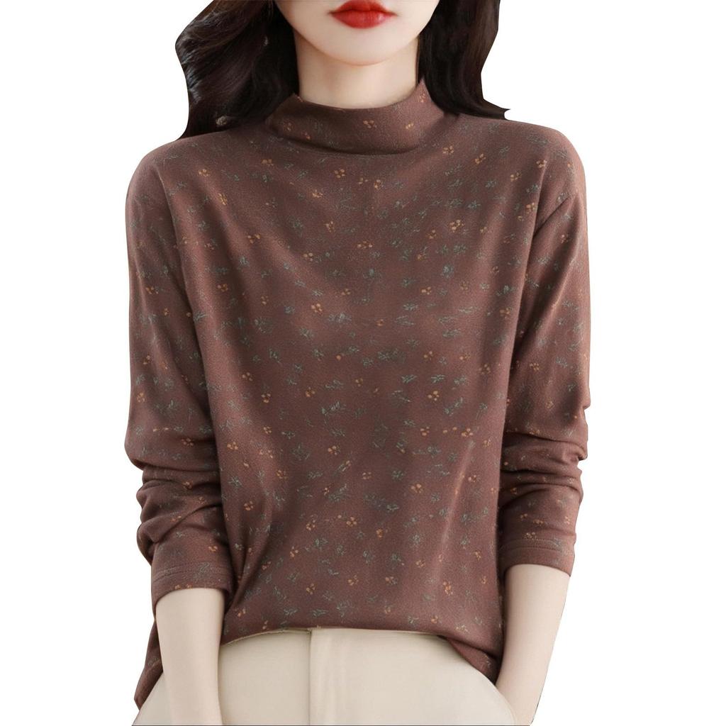 Women's Fashion Long Sleeve Double-Sided Velvet Floral Print Base Layer Shirt Half High Neck Warm T-Shirt Top