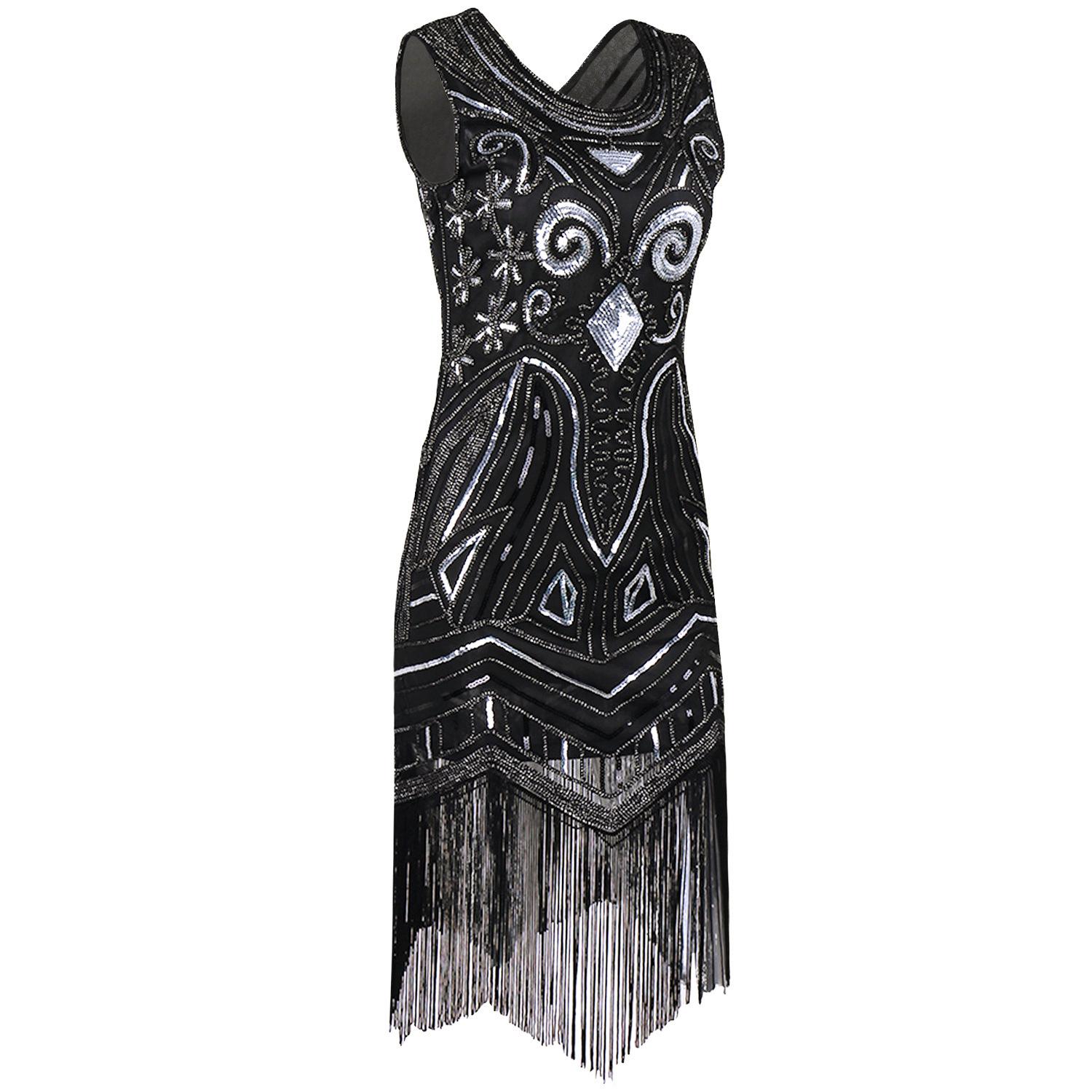 

Женская винтажная серия Юбка без рукавов с пайетками и бахромой Платье с бисерной кисточкой M чёрный