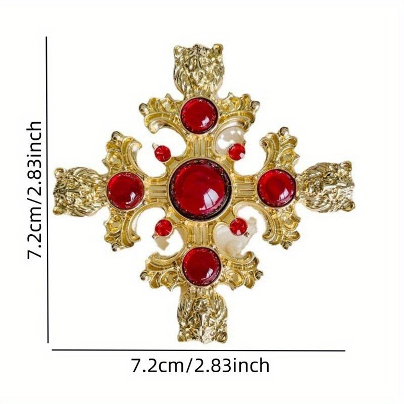 Exquisite Luxury Inlaid Resin Rhinestone Lion Head Cross Brooch Vintage Gold-plated Women's Pins Engraved Accessories Corsage