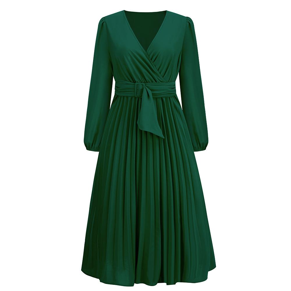 Spring and Autumn Women's Dress Solid Color Long Sleeve Slim Temperament Elegant Pleated Belt V-Neck Dresses