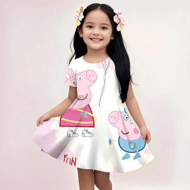 Summer Girls Fashion Casual Cute Cartoon Gradient Rainbow Full-print Round-neck Short-sleeved Waist-cinching Dress