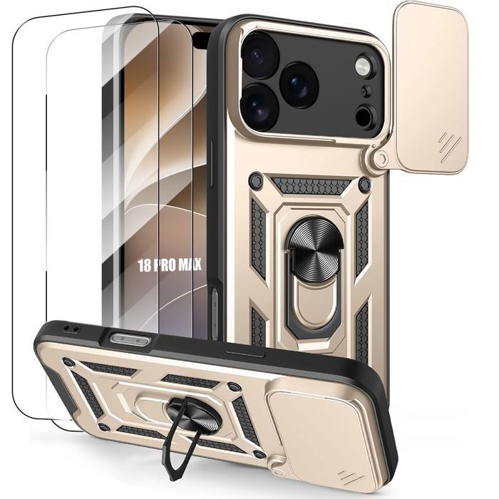 Coque pour iPhone 18 Pro Max, avec Anneau et Cache Caméra Coulissant - Doré - 2 Verres Trempés
