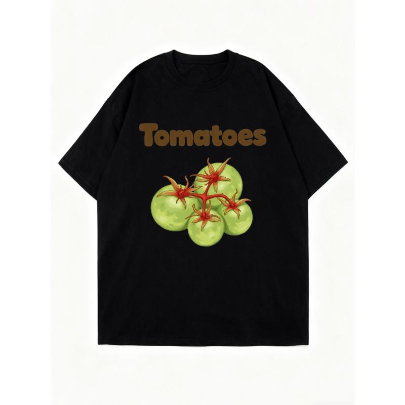 Oversized T Shirt Black Tomatoes Green Vegetables Print Casual Summer Wear