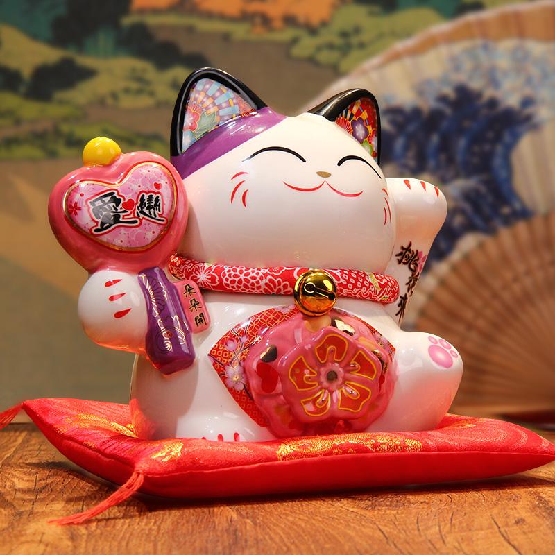 7 Inch Ceramic Lucky Fortune Cat Love Couple Gift Maneki Neko Souvenirs Figure Peach Blossoms Coin Bank Money Box Ornament