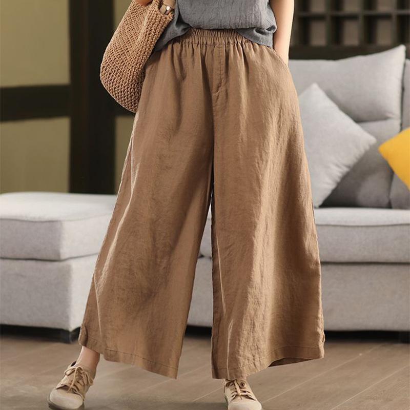 Women Vintage Linen Wide Leg Pants Elastic Waist Solid Color Trousers  Spring Loose Casual Female Long Pants
