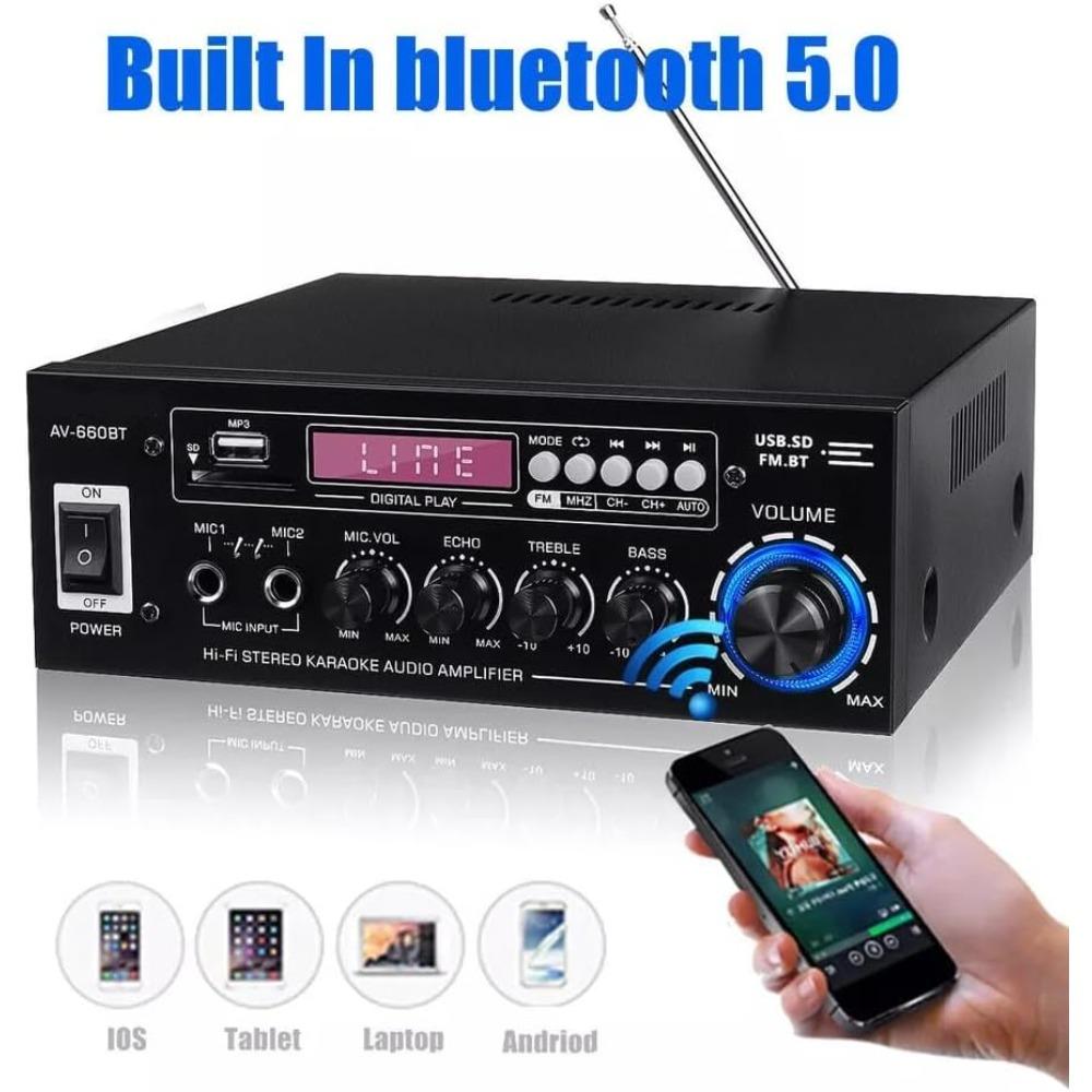 1200W stereo amplifier, Bluetooth 5.0 power amplifier, dual-channel stereo receiver, mixer with 5-band equalizer, USB/SD input