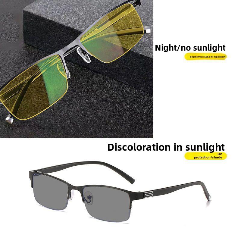 TR90 Color Changing Night Vision Glasses Men Business Half-frame Stylish Photochromic Eyeglasses UV-blocking Driving Sunglasses