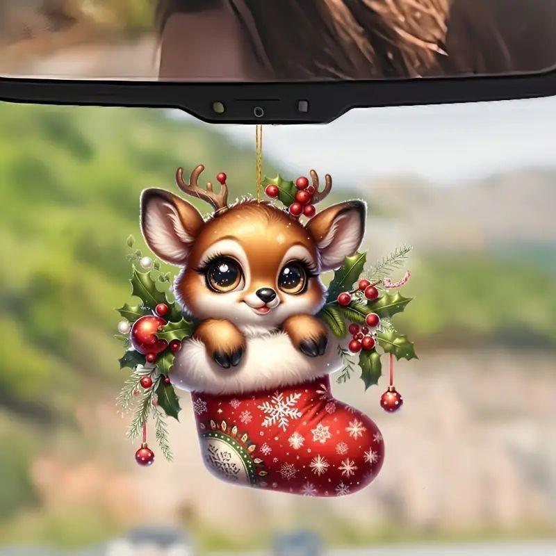 Adorable 2d Acrylic Reindeer Car Mirror Ornament Perfect For Christmas Decor Gifts