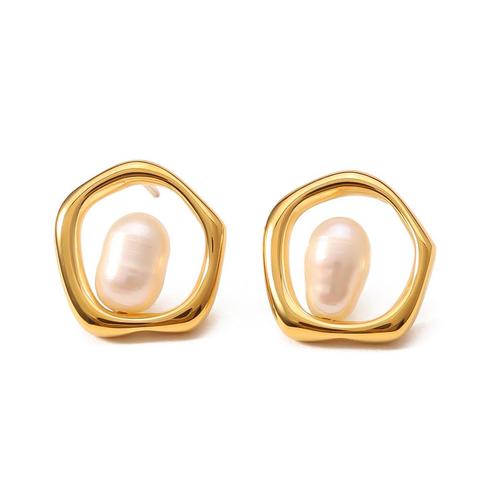 18K Gold Plated Hollow Titanium Steel Stud Earrings with Freshwater Pearl Inlay - Simple and Versatile Design 18K Gold Plated