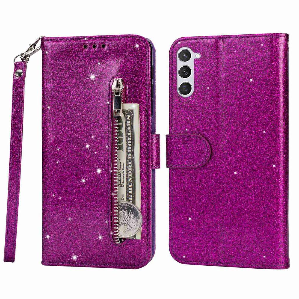 For Samsung Galaxy S24 Case Glittery Phone Wallet Cover with Zipper Pocket