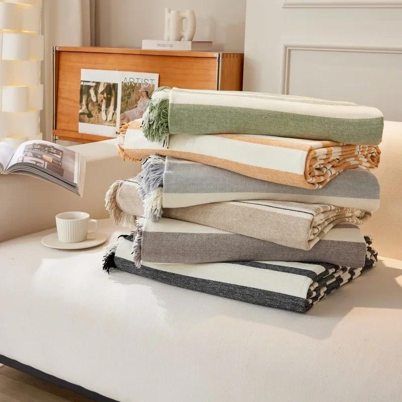 Cream Style Sofa Cover Cloth Towel with Chenille Stripes Universal Cover Non Slip Aviation Blanket Decoration Pad Soft Versatile