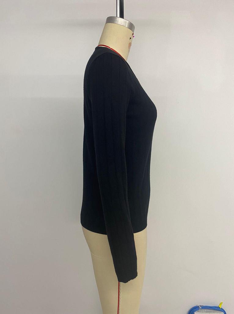 Women's V-Neck Ribbed Knit Sweater - Casual, Simple, Solid Color, Loose Fit (Autumn/Winter 2025)