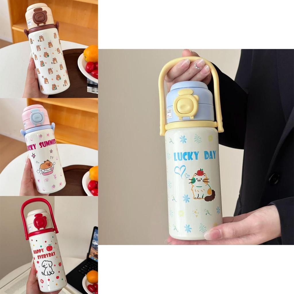 Capybara Alphabet Pattern 500ml Insulated Travel Mug With Leakproof Lock For Kids And Students