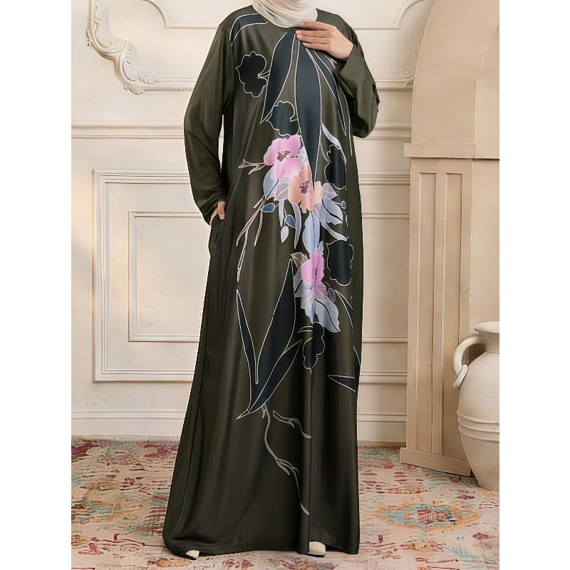 

Женский вязаный пуловер с круглым вырезом, цветочным принтом, инновационной тематикой, карманами и элегантным стилем, который можно носить как платье S армия зеленый