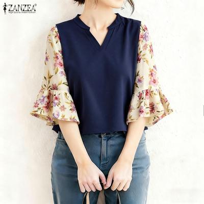 Women Floral Print Splice 3/4 Sleeve Casual V-Neck Blouse