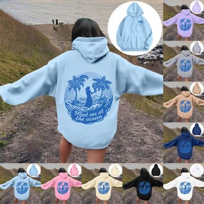 Women's Palm Tree Graphic Hoodies Meet Me At The Ocean Letter Print Pullover Hoodies Long Sleeved Female Streetwear Hoodie