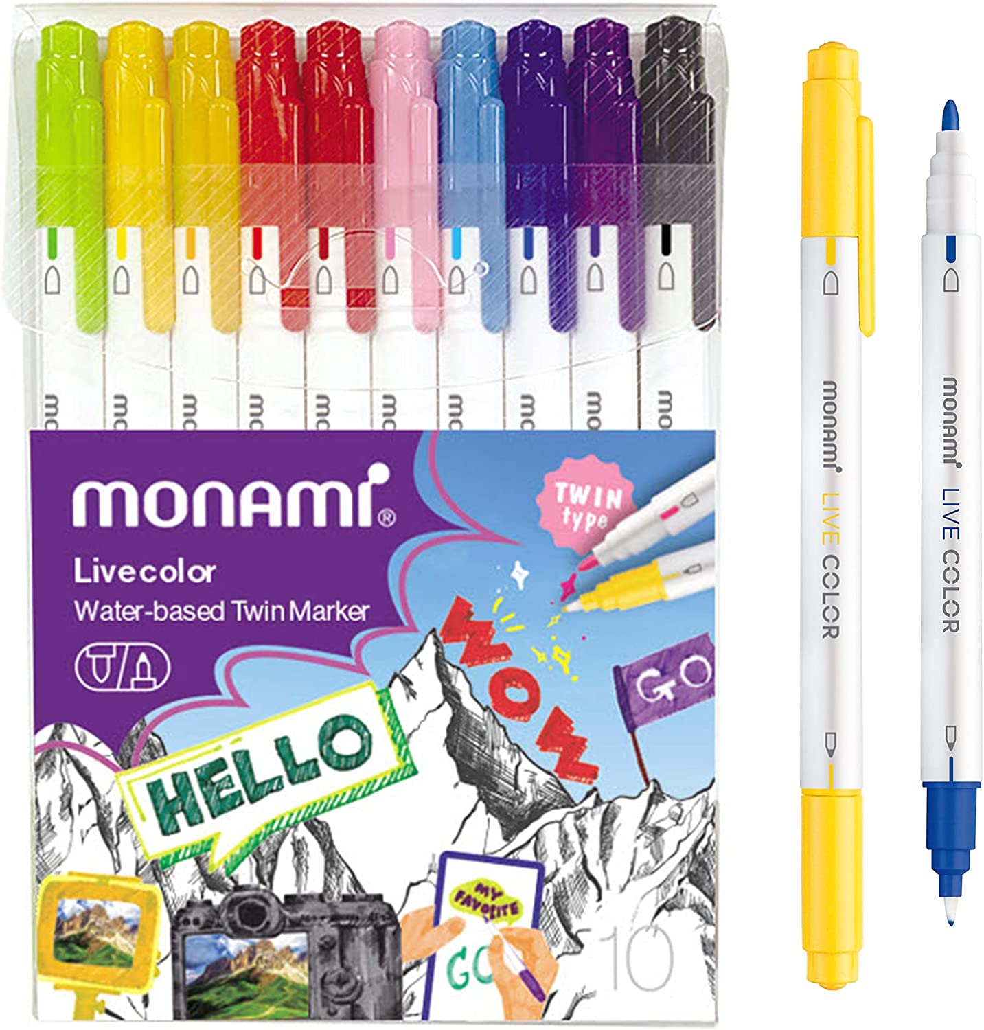 

Monami Live Color Pen Set Двойной маркер на водной основе, маркер с двойным наконечником Fine & Bullet для раскрашивания, рисования 10C-Pack