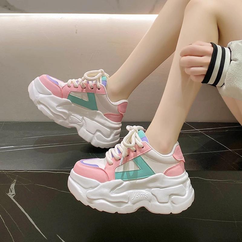 Fashion 8.5CM Wedges Leather Sneakers Women New Autumn Fashion Hidden Heels Sports Dad Shoes Thick Sole Platform Chunky Sneakers Spring