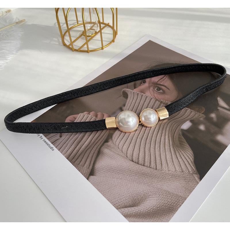 Stylish Women s Elastic Waist Belt With Decorative Metal Buckle In Versatile Colors Black Pearl,60cm
