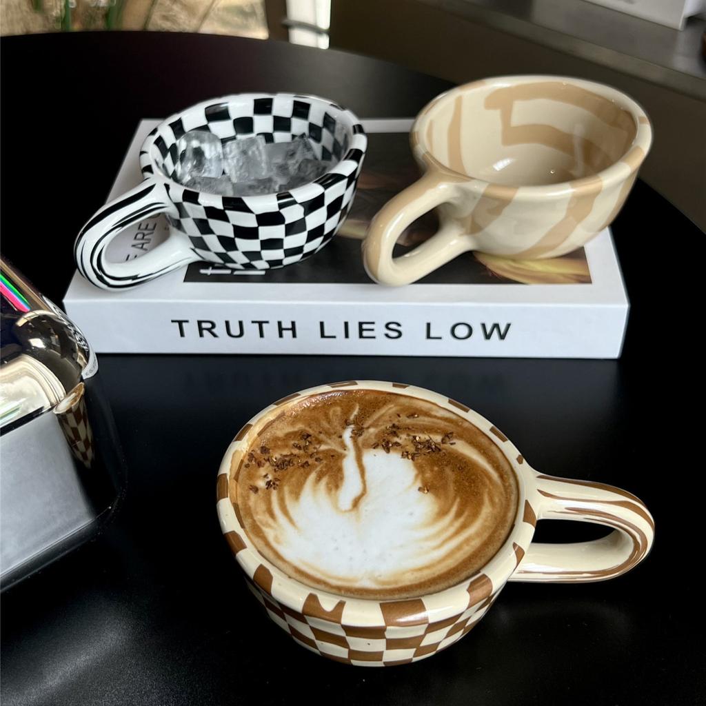 Shann Retro Checkerboard Coffee Cup Wind Niche Couple Household Mug Household Ceramic Water Cup