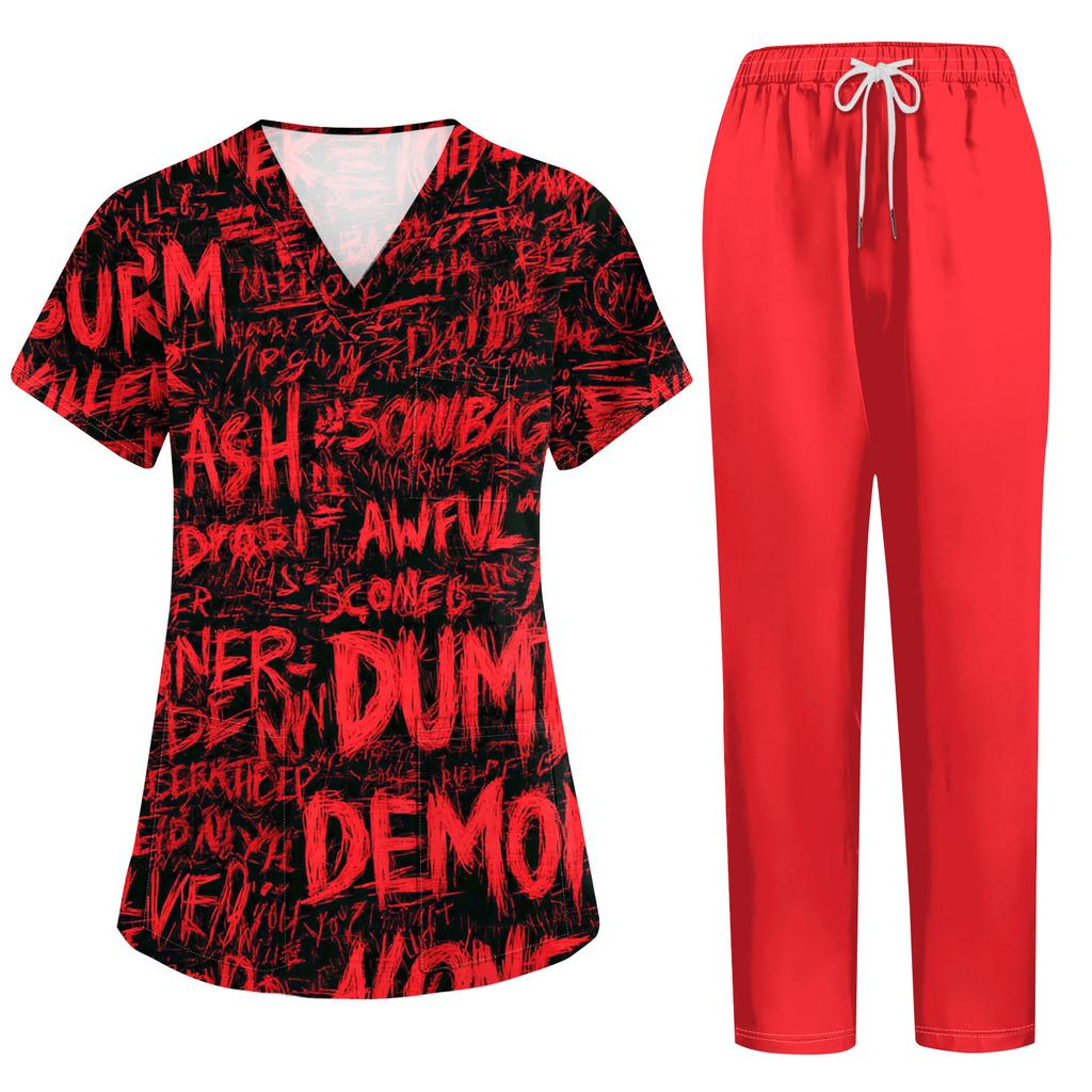 Women's Halloween Print Scrub Set - Short Sleeve Top and Pants with Pockets for Work