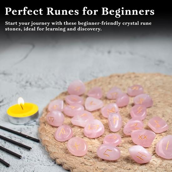 Crocon Rose Quartz Gemstone Rune Stone with Elder Futhark Alphabet Engraved Symbol 25 pcs Set for Feng Shui Reiki Crystal Healing Chakra Balancing