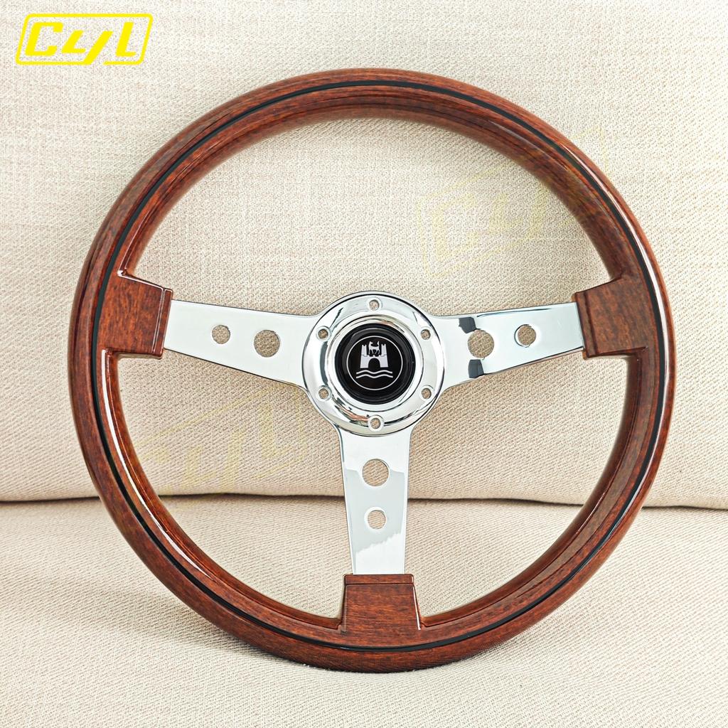 JDM 340mm Classic Wood Style Steering Wheel Chrome Spoke Vintage Sports Steering Wheel